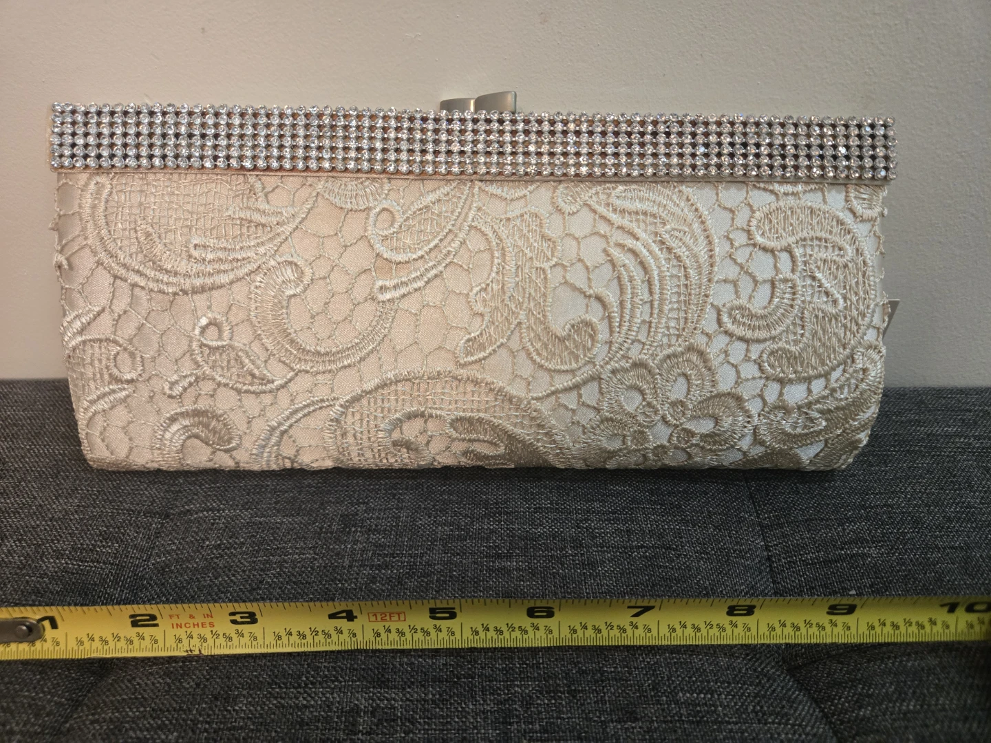 Beige Lace Evening Clutch with Rhinestones