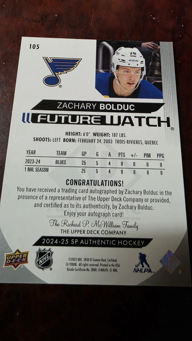 2024-25 U.D. SP Zachary Bolduc Autograph Hockey Card 757/999 - photo 2