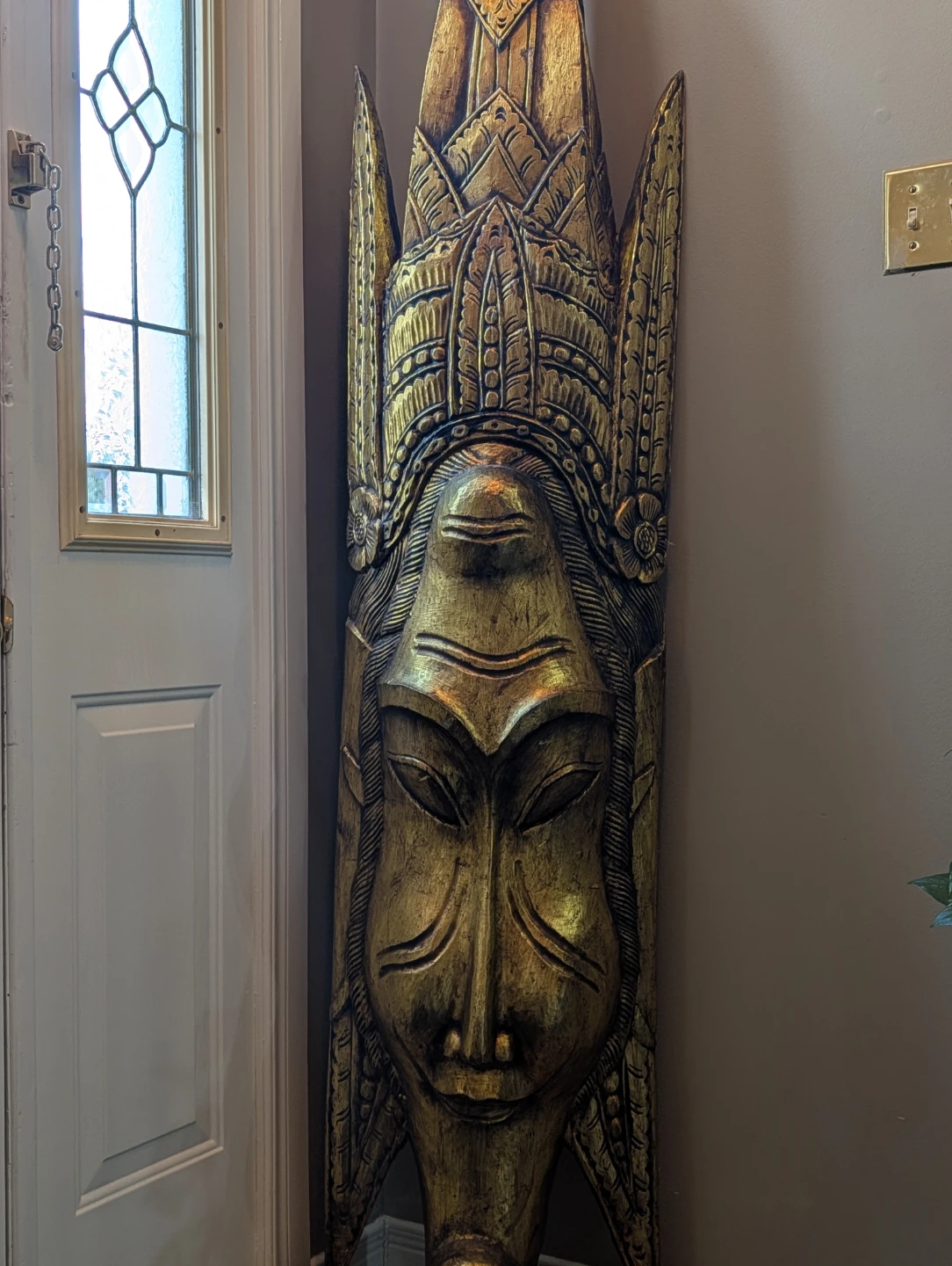 Vintage 81" Massive Hand-Carved Wooden  Mask Floor Sculpture - photo 3