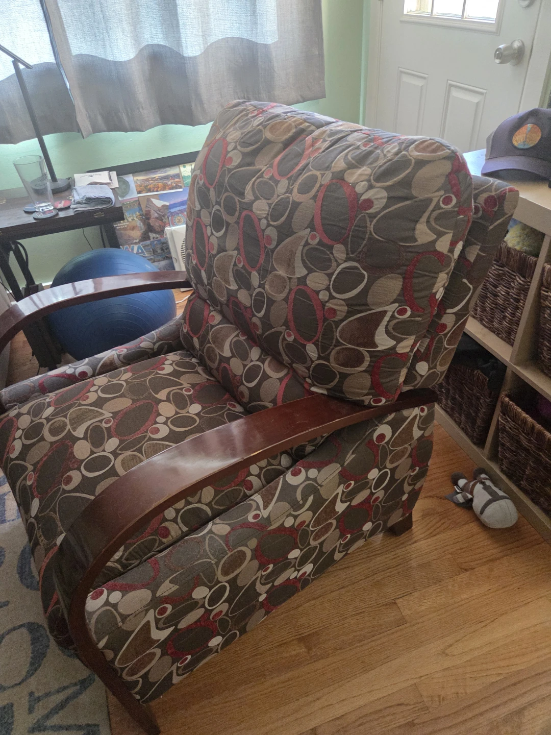 Recliner Armchair - Patterned Fabric with Wood Arms