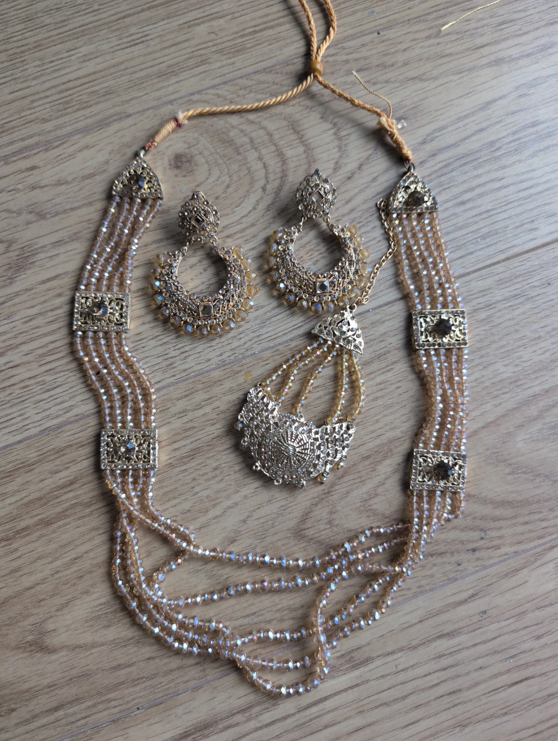 Gold Tone Necklace with crystals, jhumar and Earrings Set