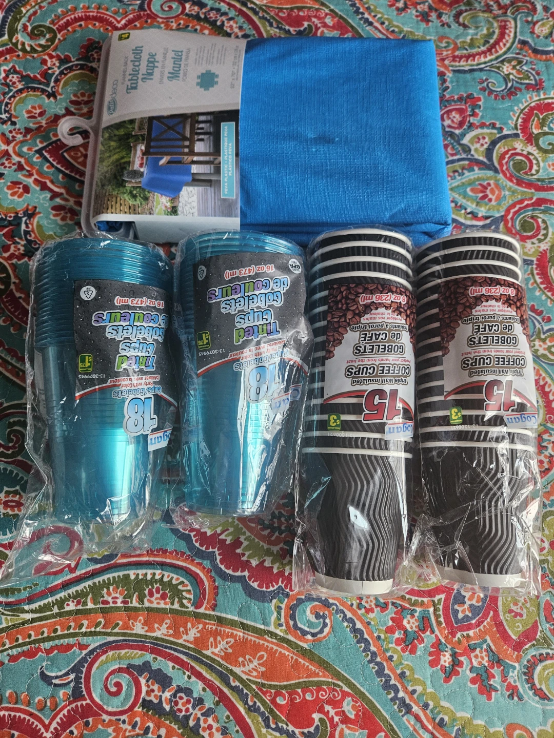 Assorted Disposable Cups and Tablecloth