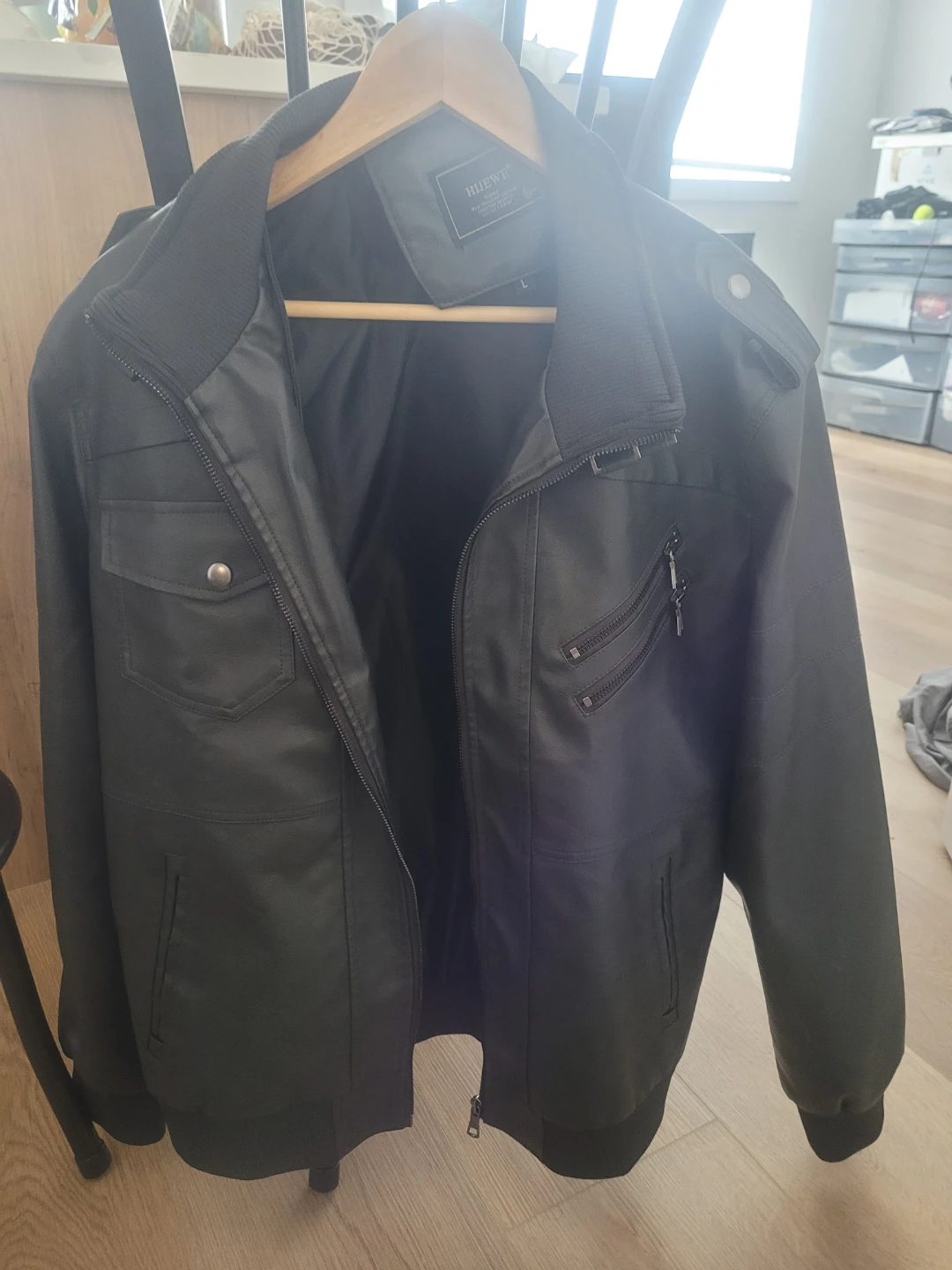 HIJEWE Men's Faux Leather Bomber Jacket - Black, Size L