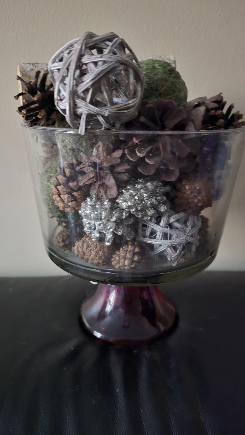 Glass Decorative Bowl with Pinecones and Orbs