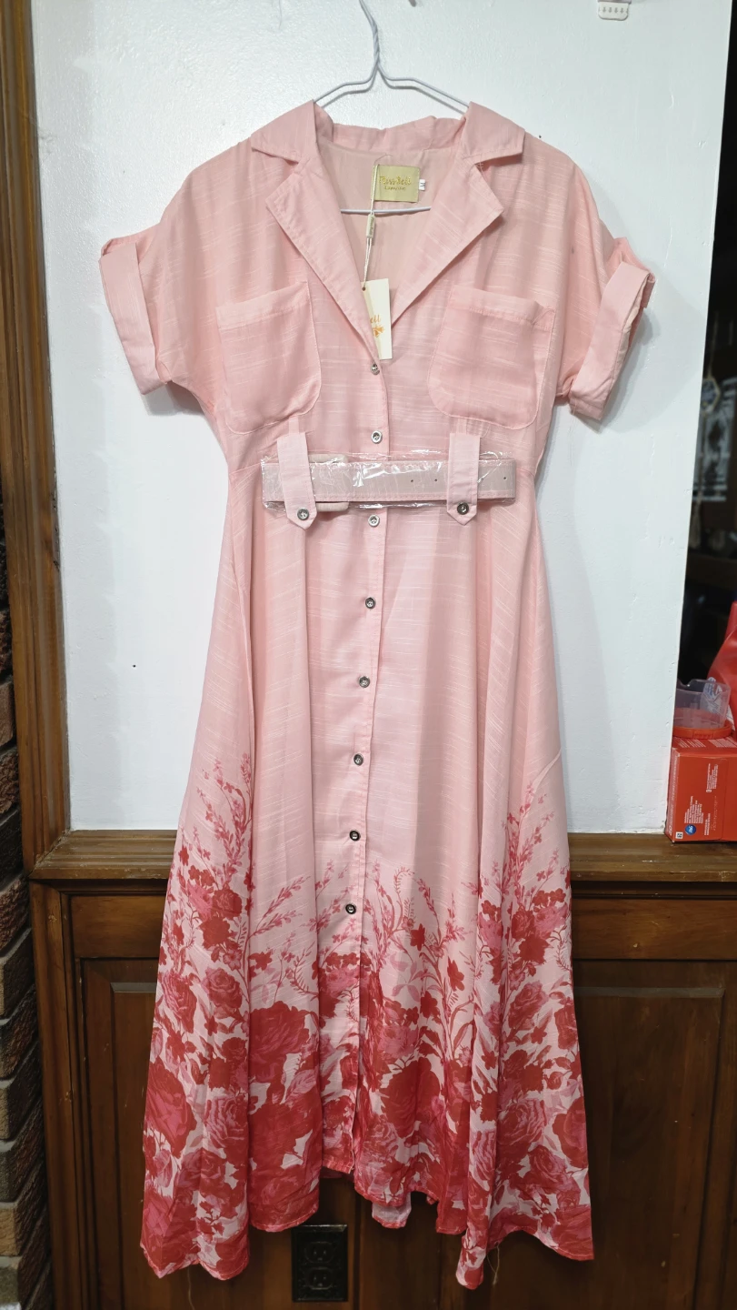Pink floral shirt dress with belt