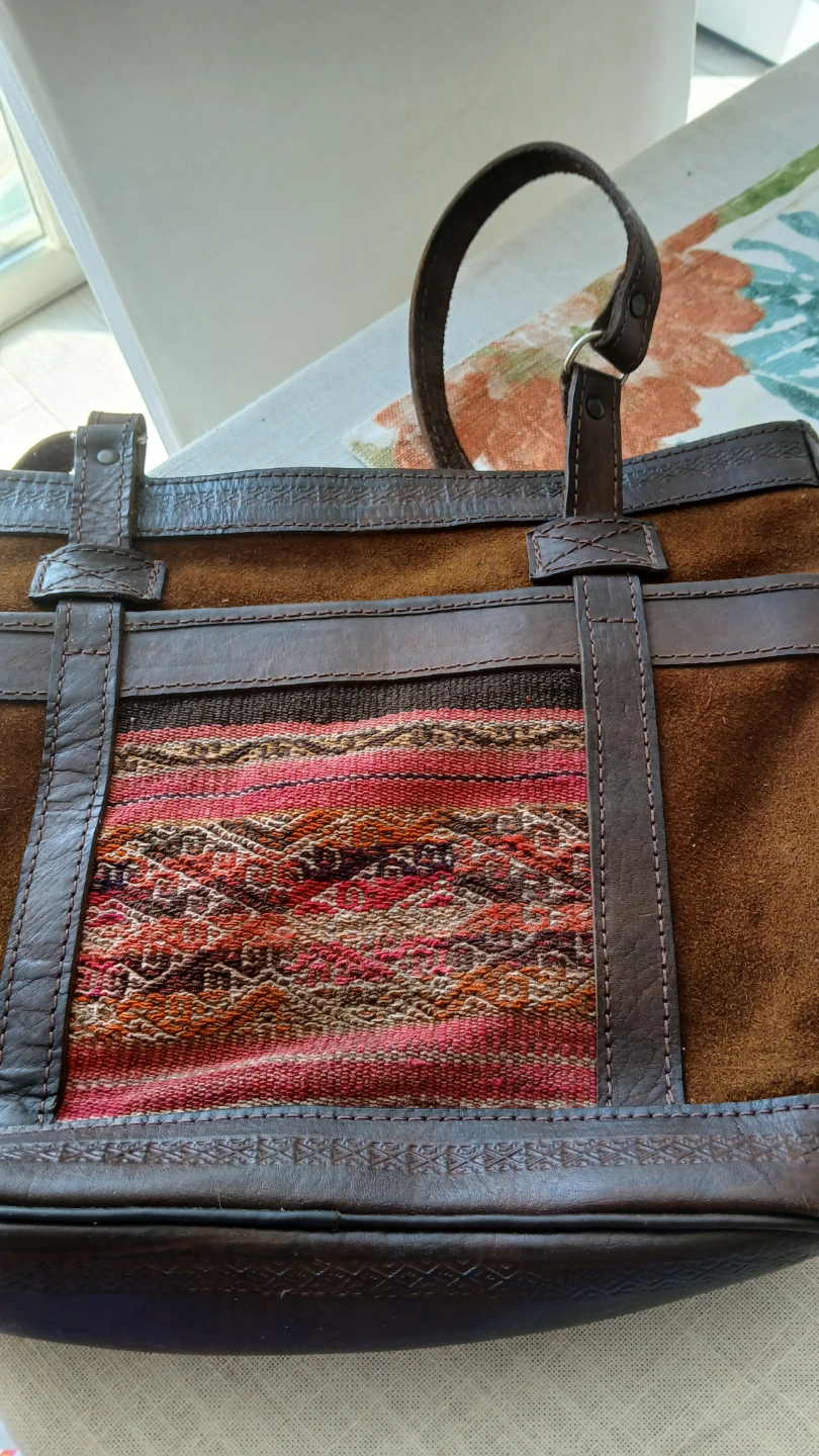 Brown Leather & Woven Pattern Tote Bag