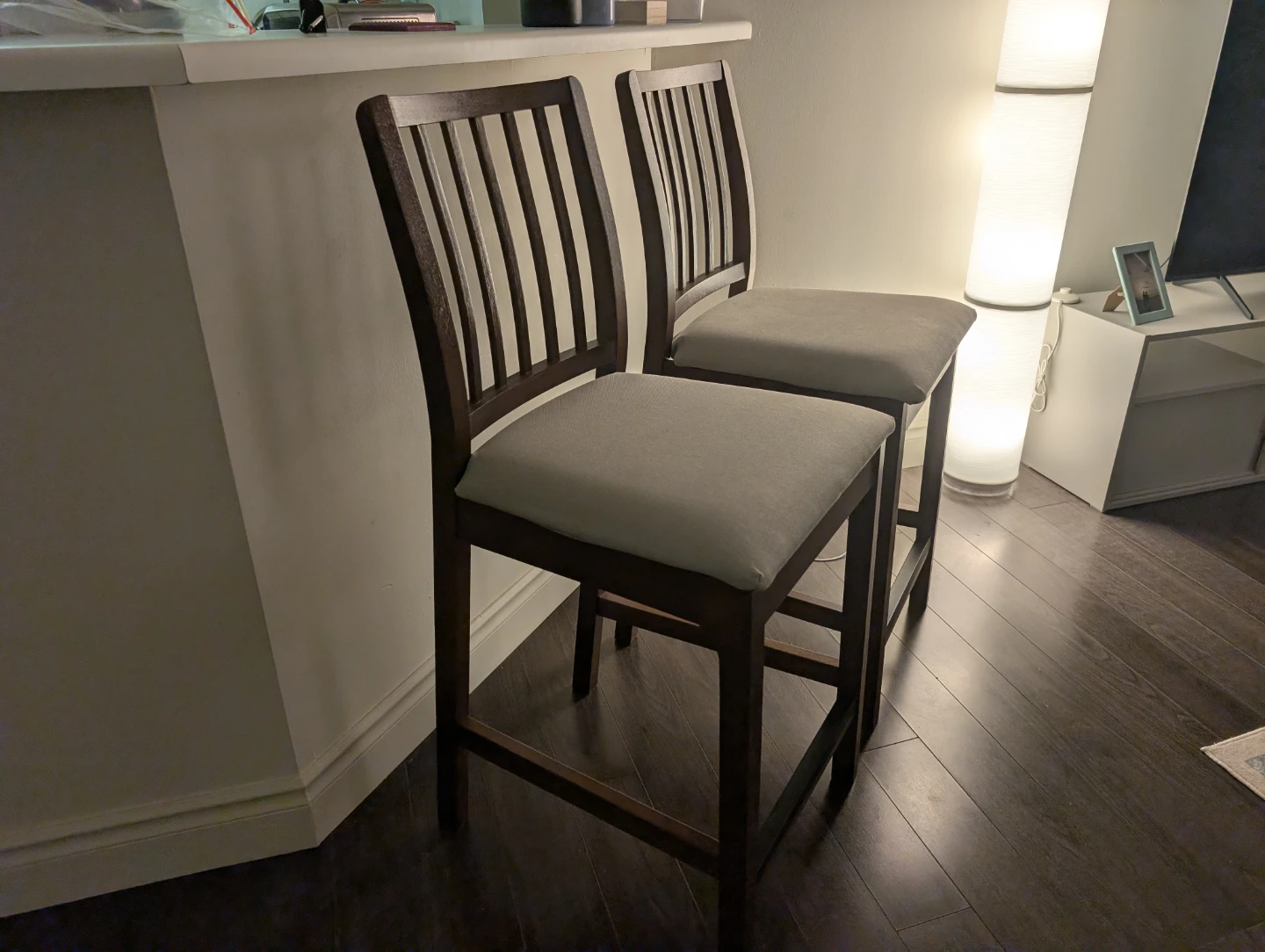 Set of 2 Dark Wood Bar Stools with Grey Cushions