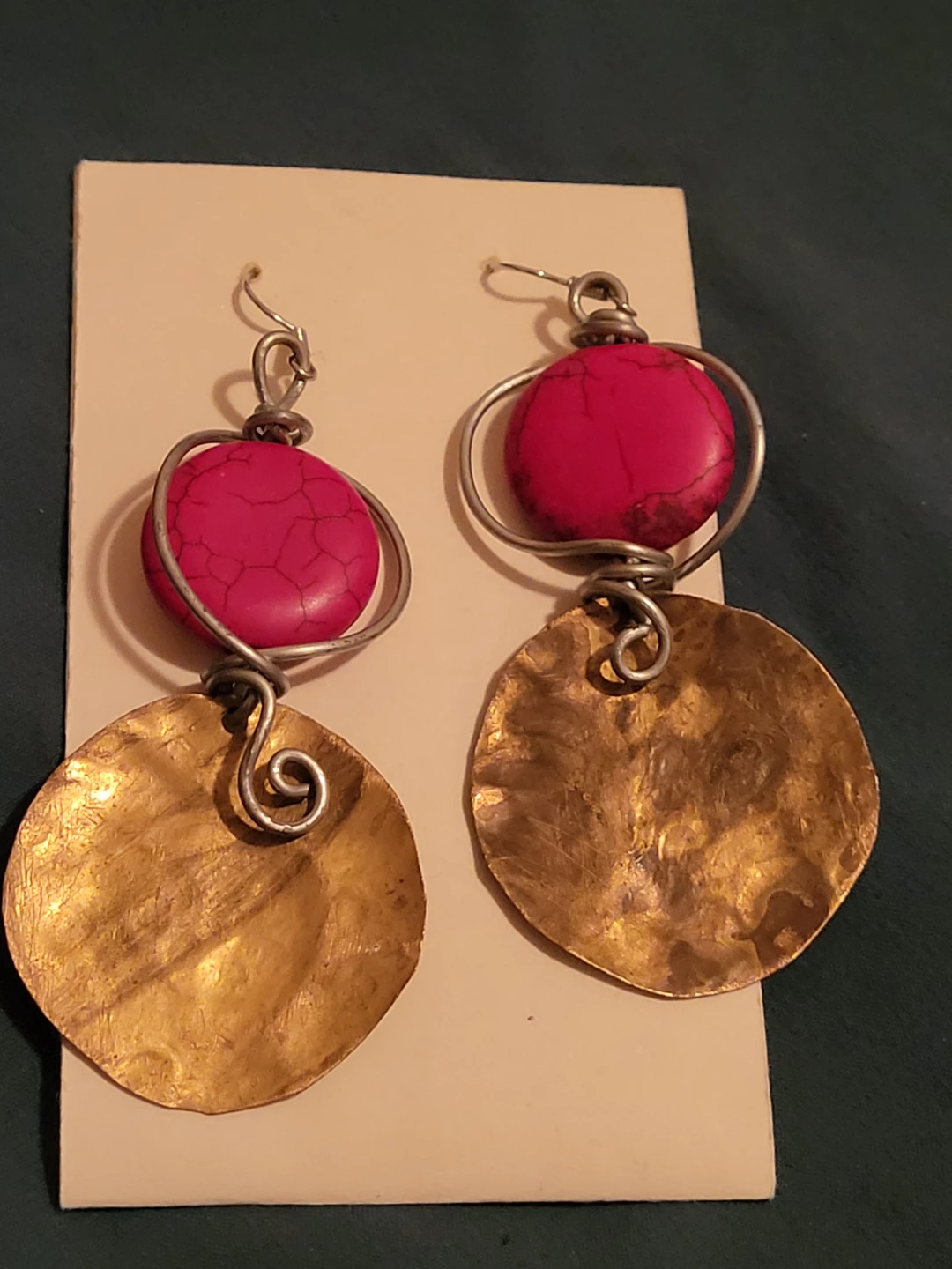 Handcrafted earrings with Red Stones and Hammered Brass Discs - photo 2