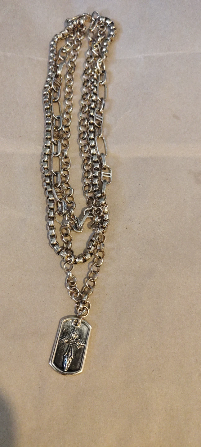 Silver-tone layered chain necklace with cross pendant
