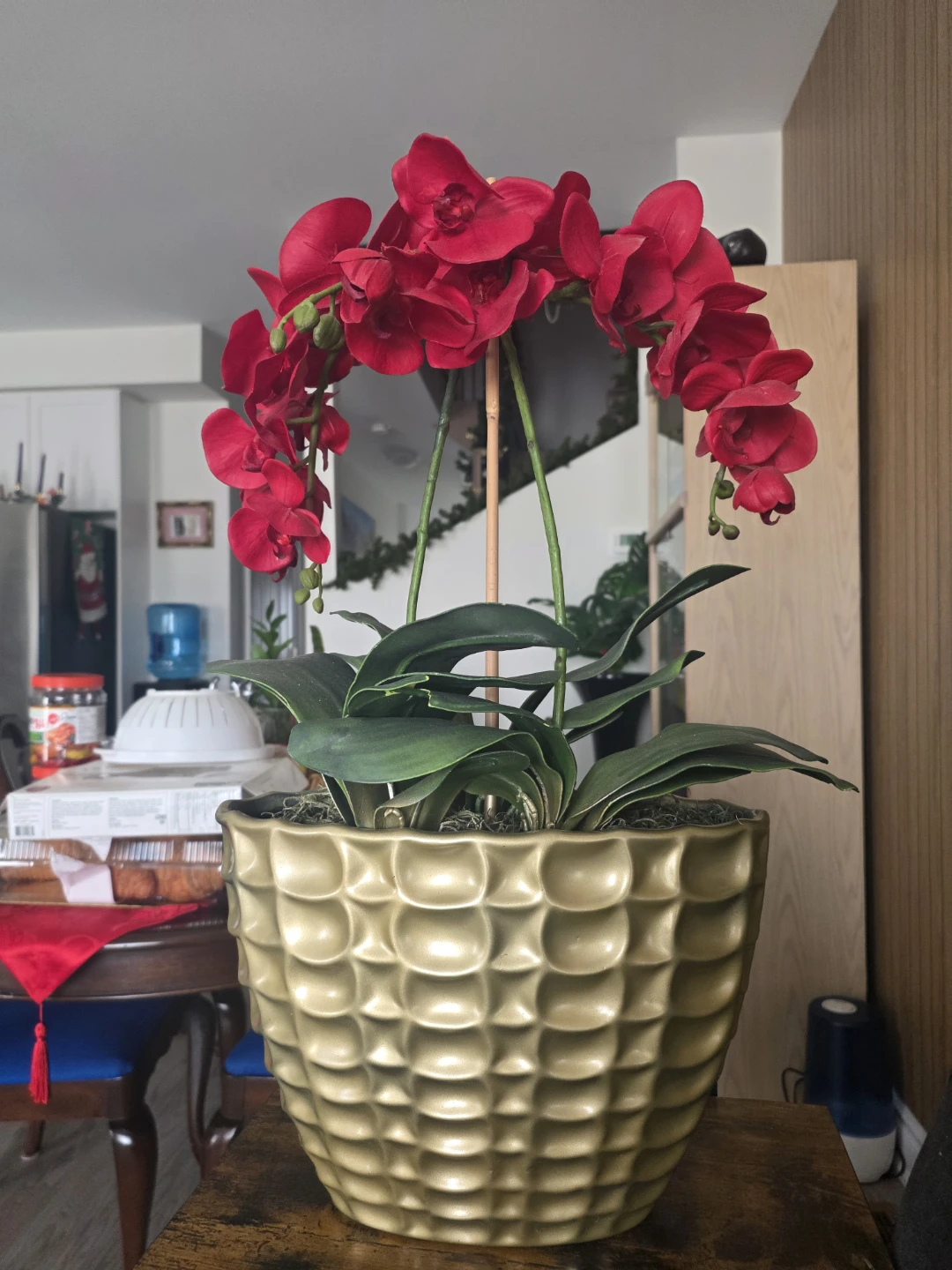 Artificial Red Orchid Plant in Gold Pot