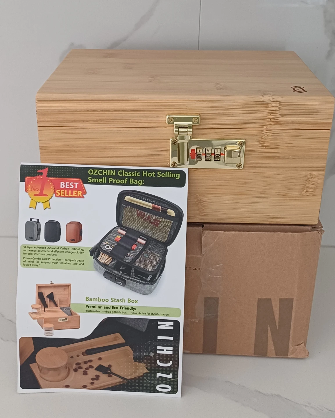 OZCHIN Bamboo Smell Proof Stash Box with Combination Lock