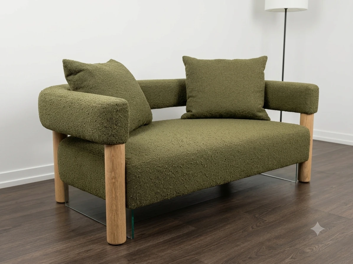 Modern Olive Green Bouclé Loveseat (2-Seater Accent Sofa)
