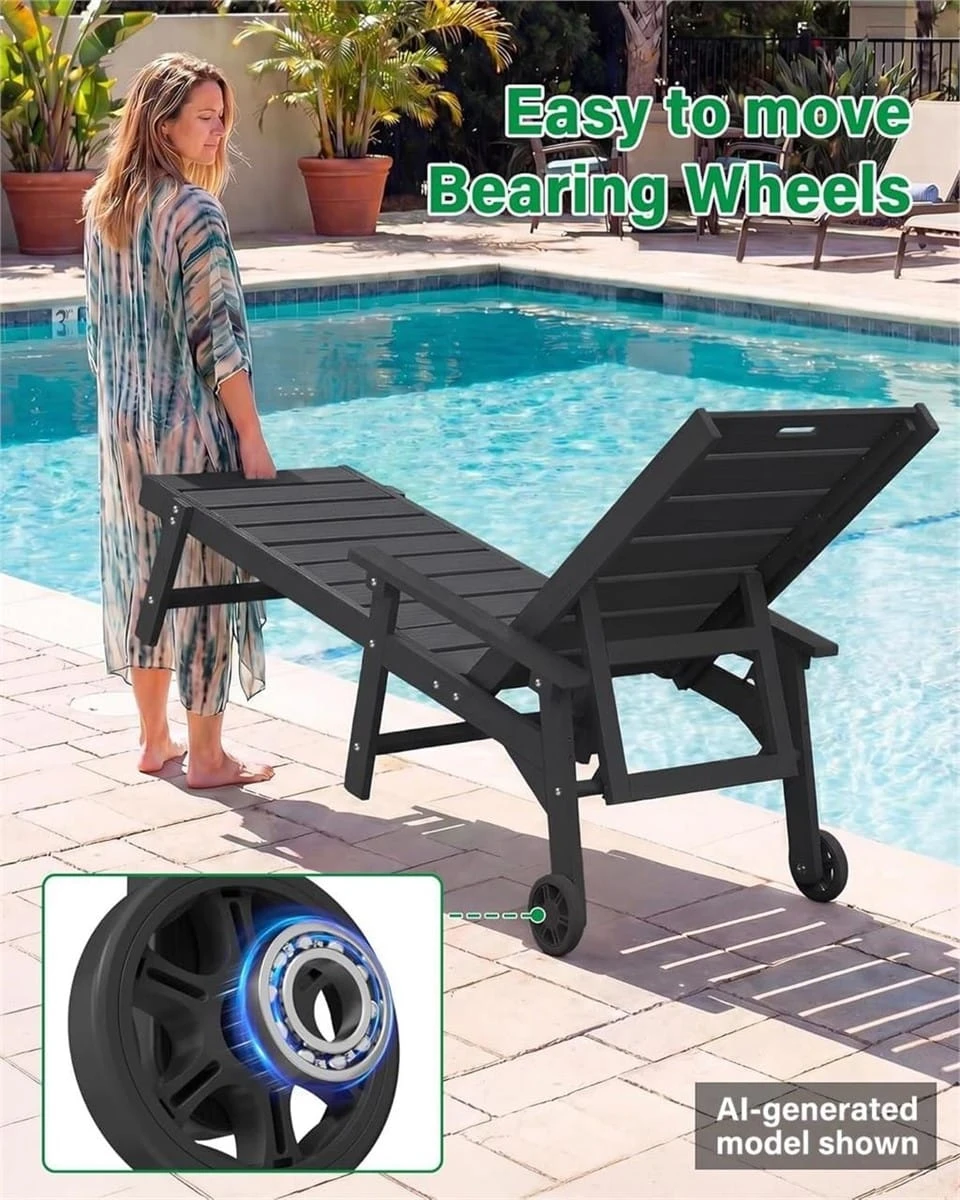 Black Outdoor Chaise Lounge Chair with Bearing Wheels - photo 2