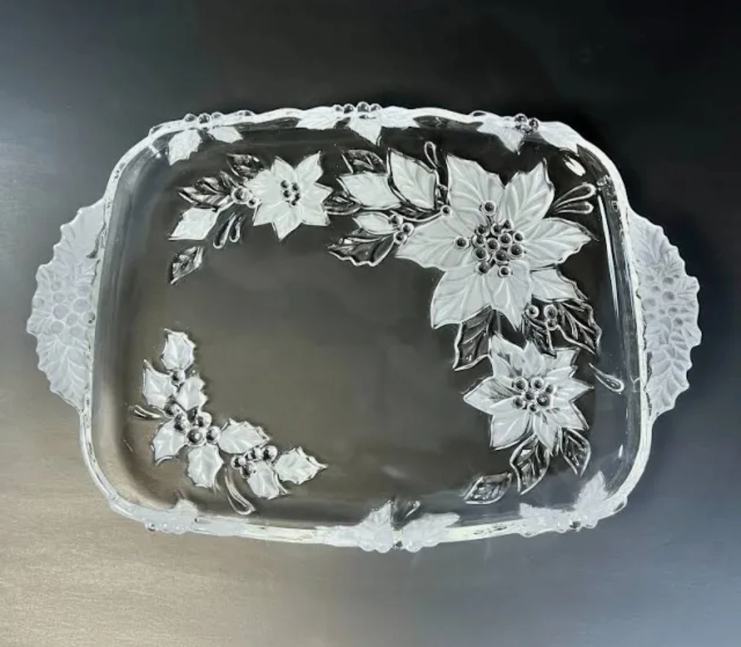 New In Box Mikasa Crystal Poinsettia Oblong Handled Tray