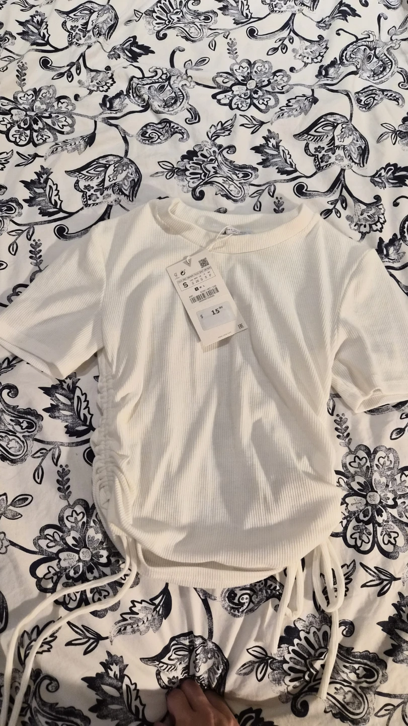 ZARA White Ribbed Ruched T-Shirt