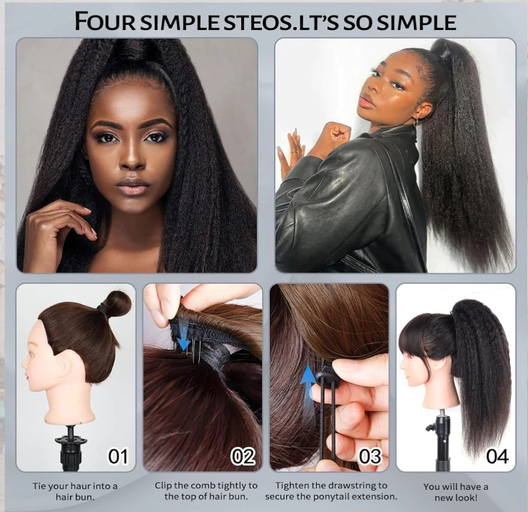 Kinky Straight Ponytail Extension 100% Human Hair Natural Black - photo 3