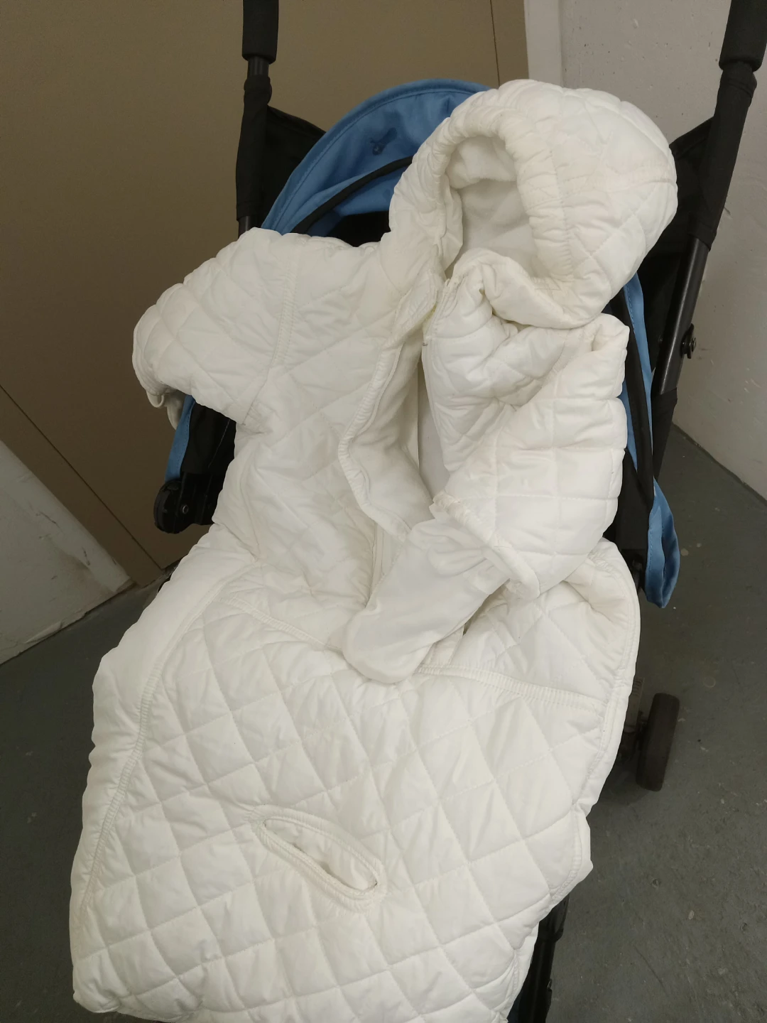 White quilted snowsuit/bunting bag