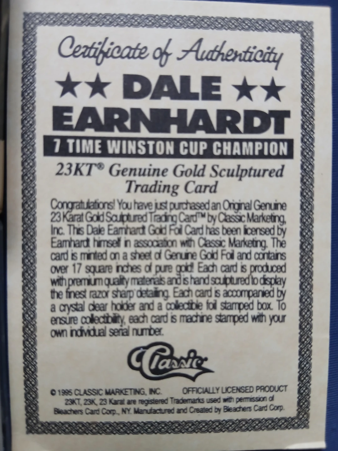 Dale Earnhardt 7 Time Winston Cup Champion Gold Card - photo 3
