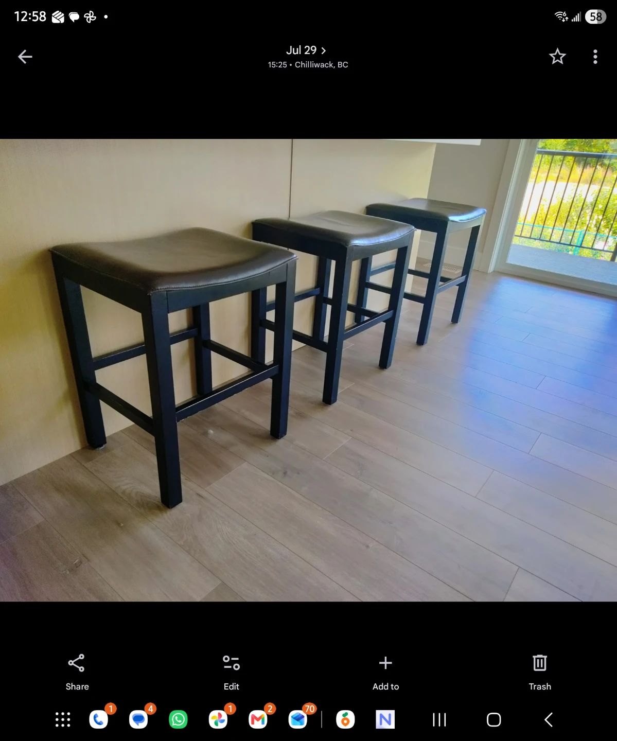 Set of 3 Black Bar Stools, Brown Leather.