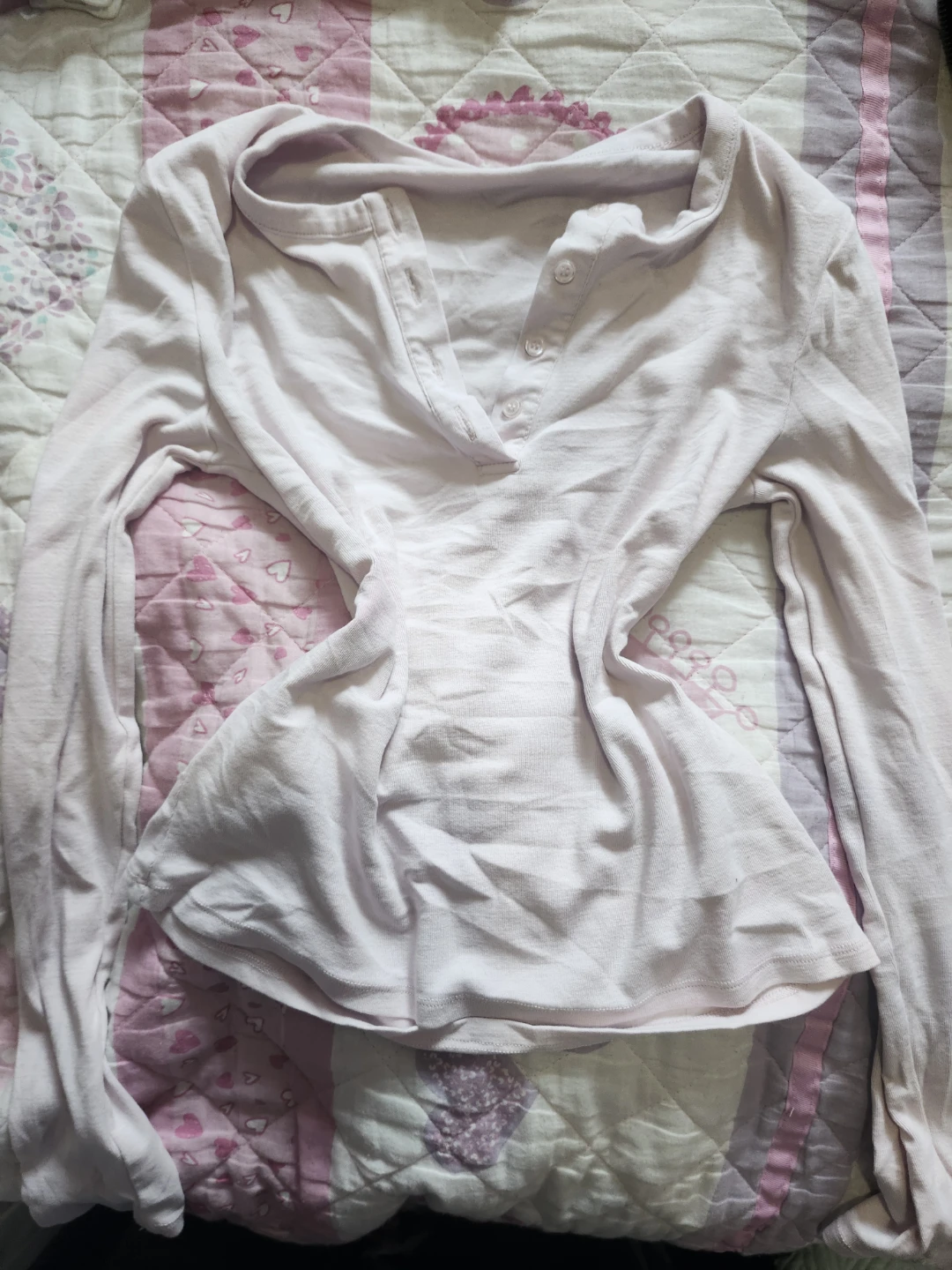 Vintage Women's Pink-White Long-Sleeve 2000's Henley Top
