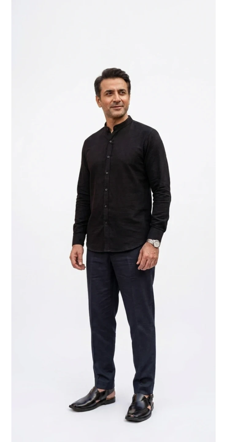 Black Band Collar Long Sleeve Shirt. - photo 2