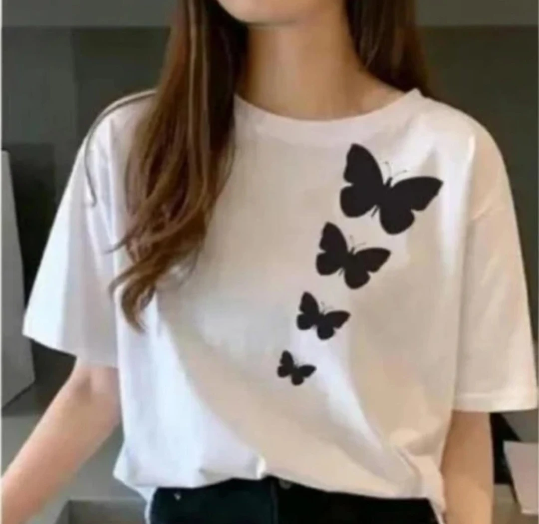White T-Shirt with Black Butterfly Graphic