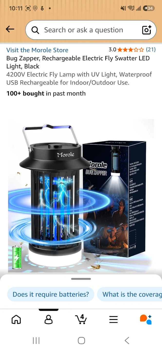 Morole Rechargeable Electric Bug Zapper LED Light, Black