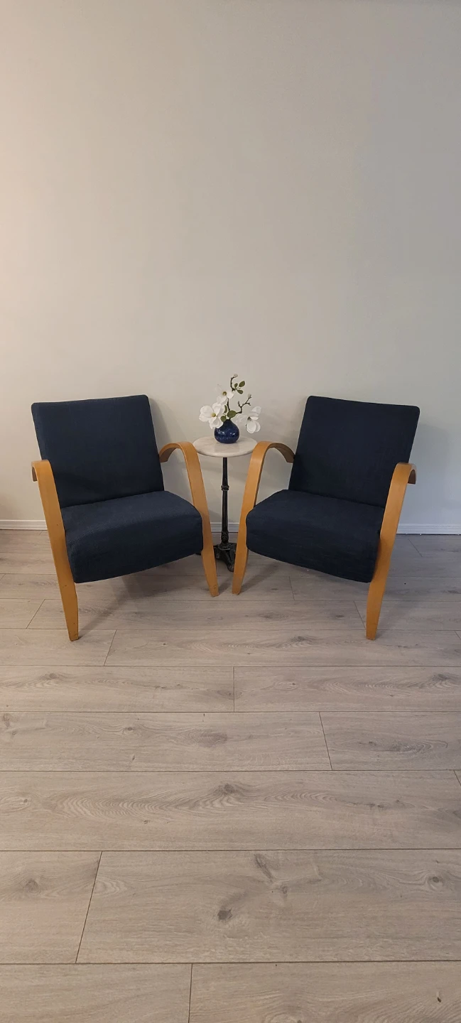 Blue Upholstered Armchair with Wooden Frame