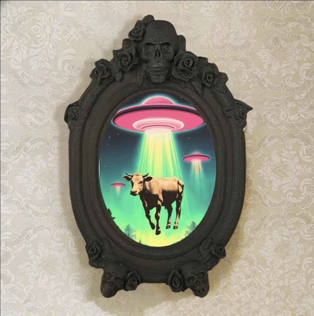 Ornate Black Frame with UFO Cow Abduction Art