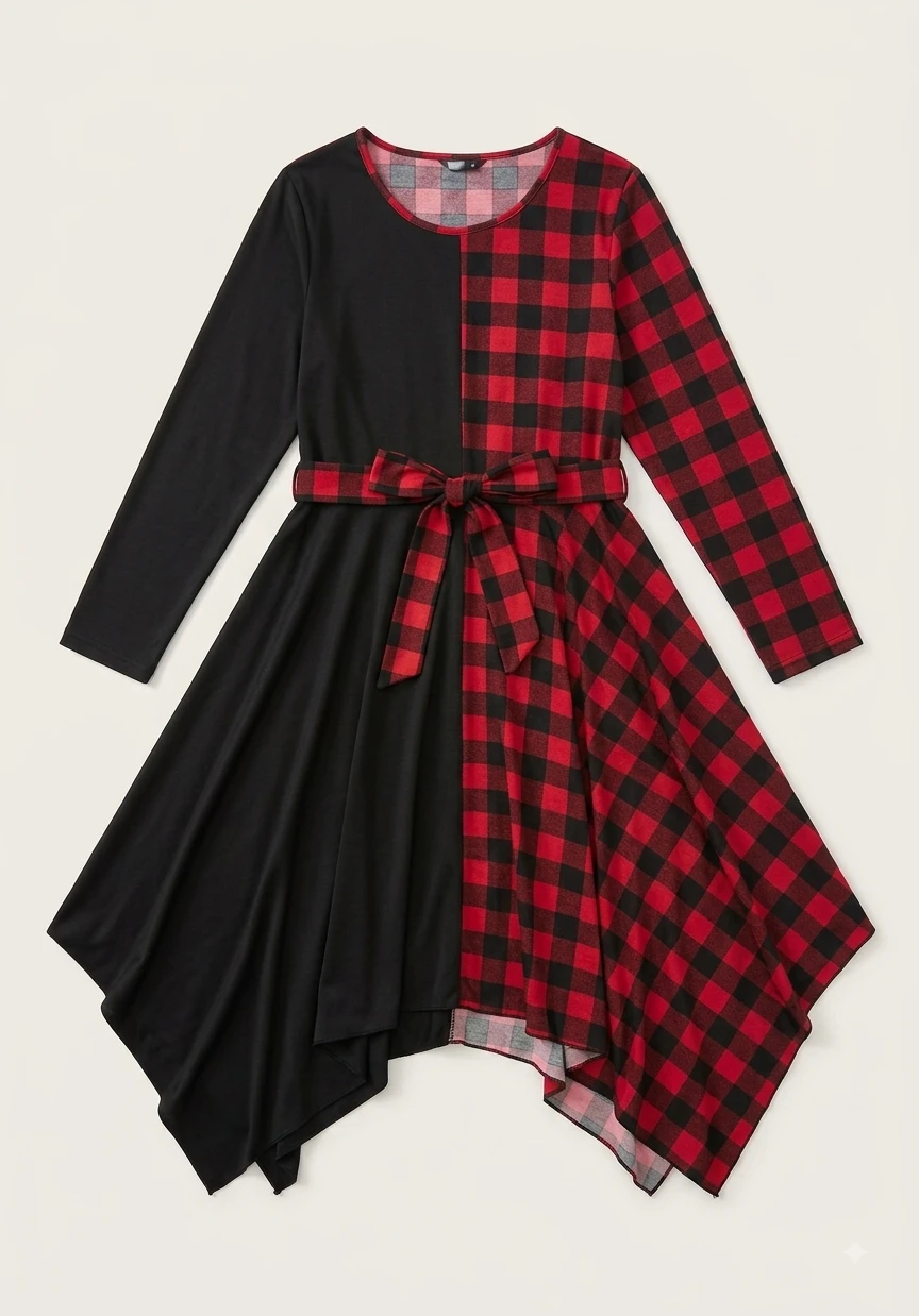 Women's Black and Red Buffalo Plaid Asymmetrical Dress