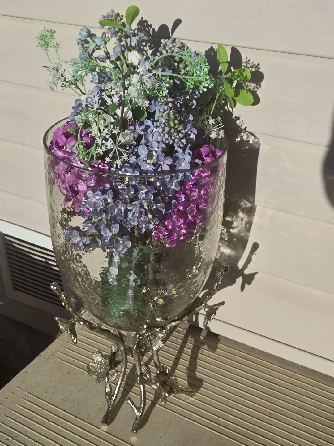 Glass Vase with Decorative Gold Stand with flowers