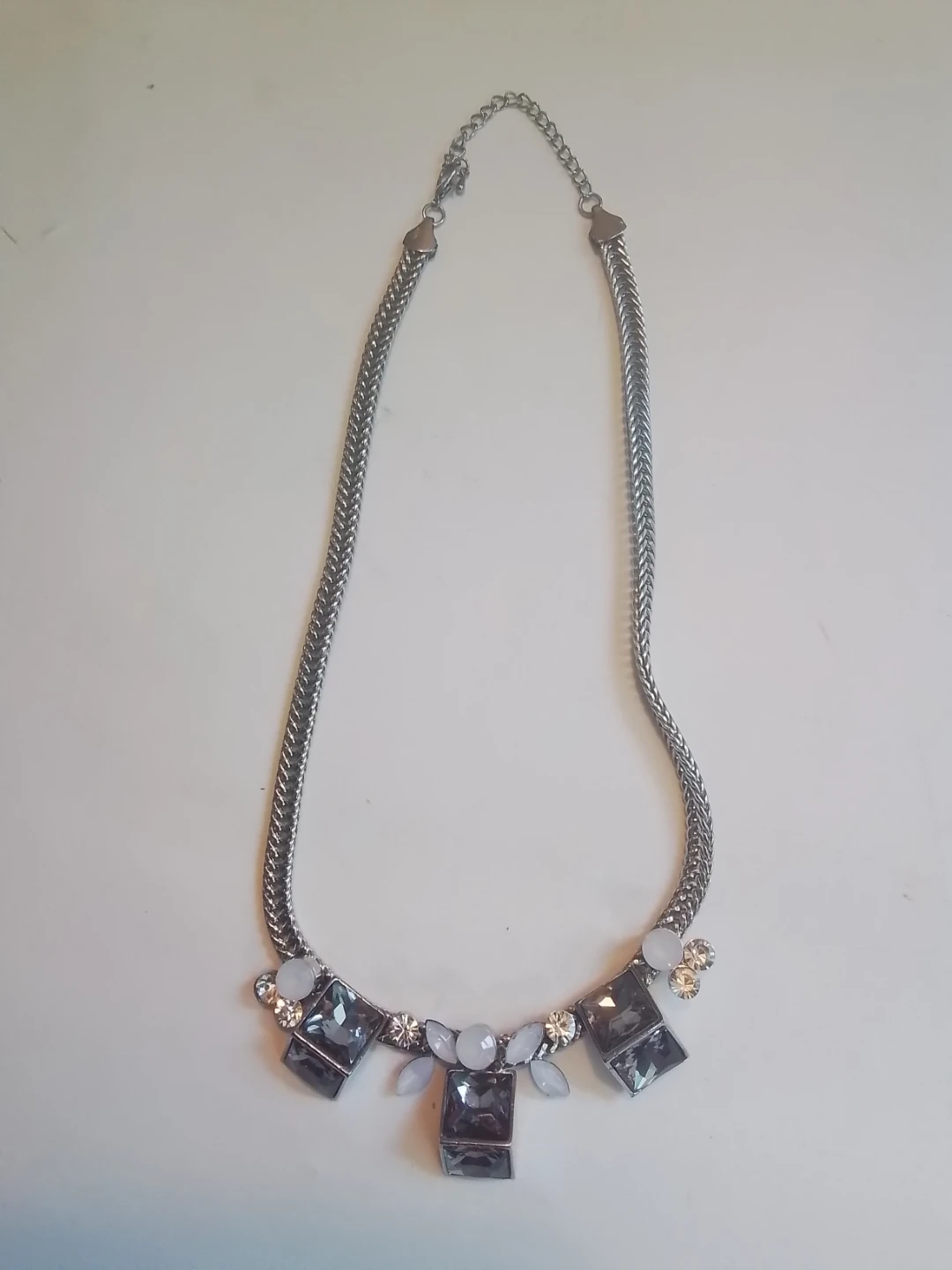 Silver-tone Statement Necklace with Grey and Clear Gems