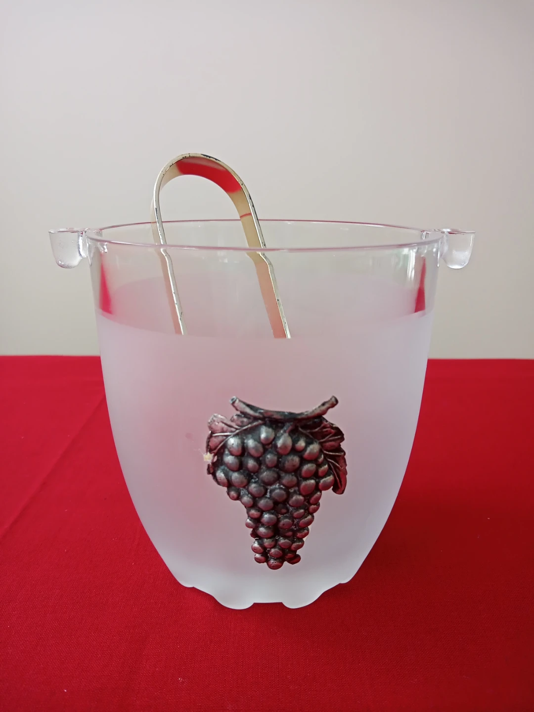 Frosted Glass Ice Bucket with Grape Motif and Tongs