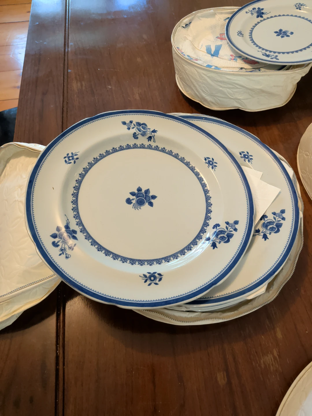 Vintage Blue & White Floral Dinnerware Set in Carrying Case