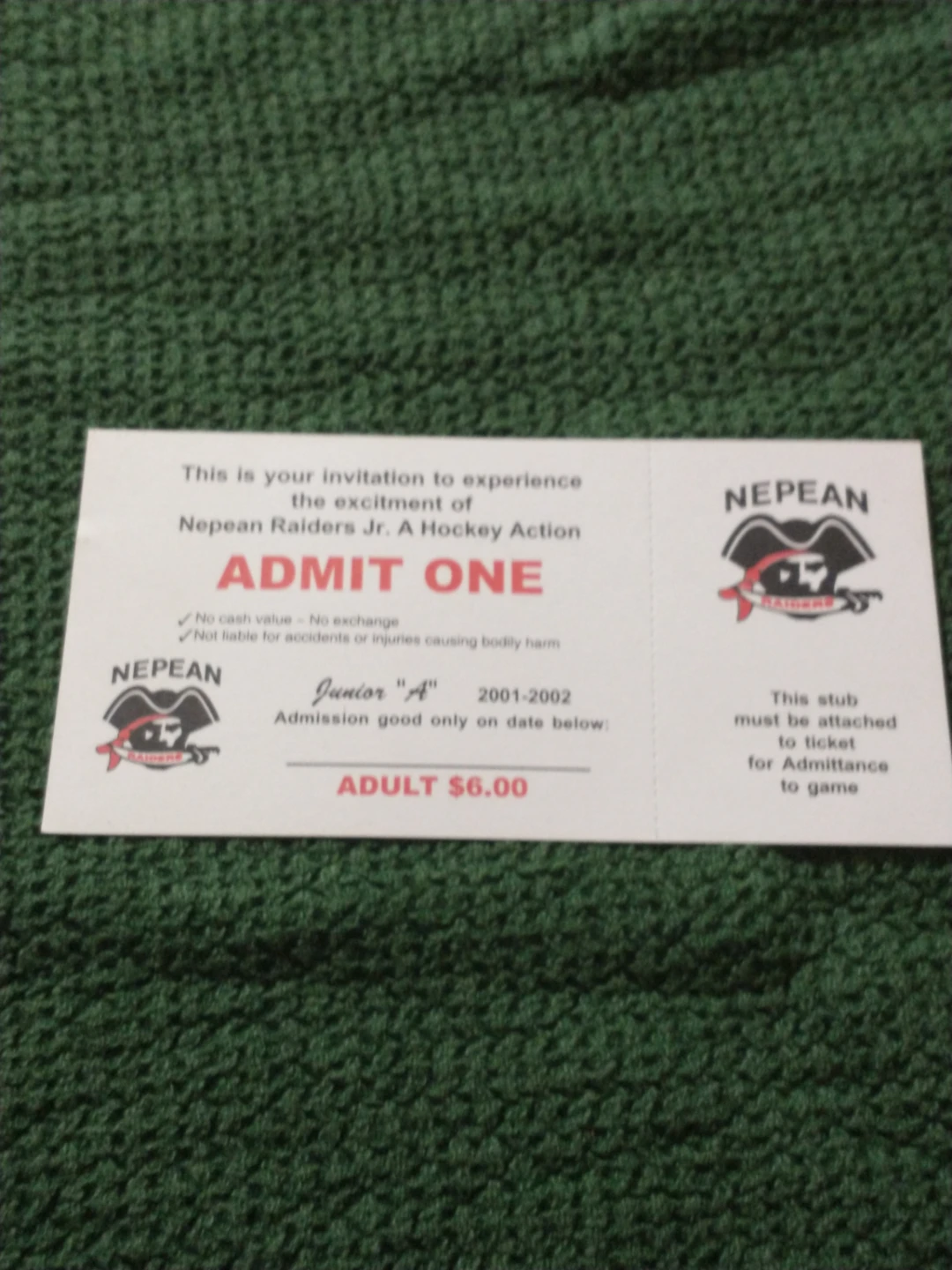 Nepean Raiders 2001-2002 Unused Jr A Hockey Ticket
