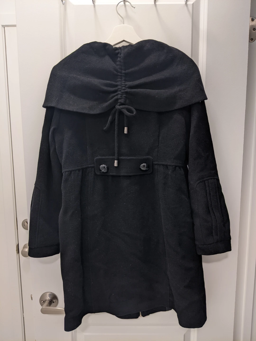 Black Mid-Length Wool Coat with Hood - photo 2