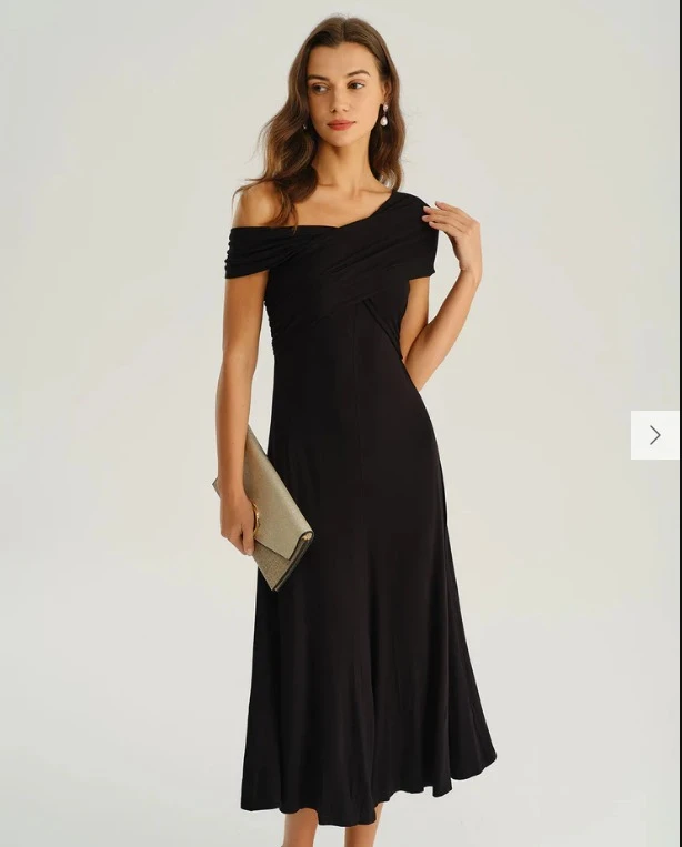 Black Off-the-Shoulder A-Line Midi Dress