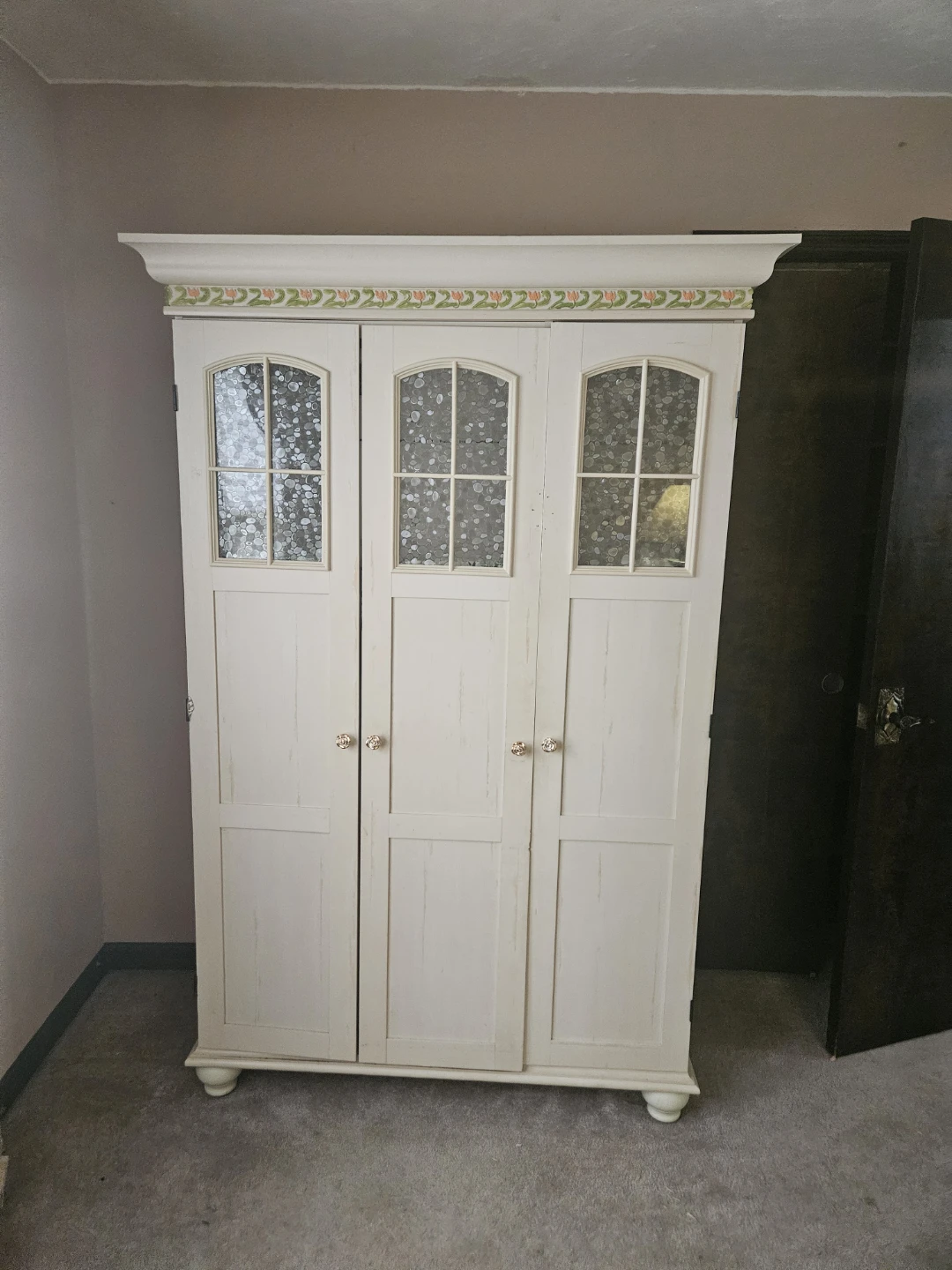 Cream Armoire Cabinet with Decorative Trim