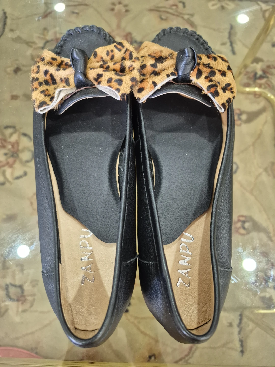 ZANPU Black Loafers with Leopard Hair Bow