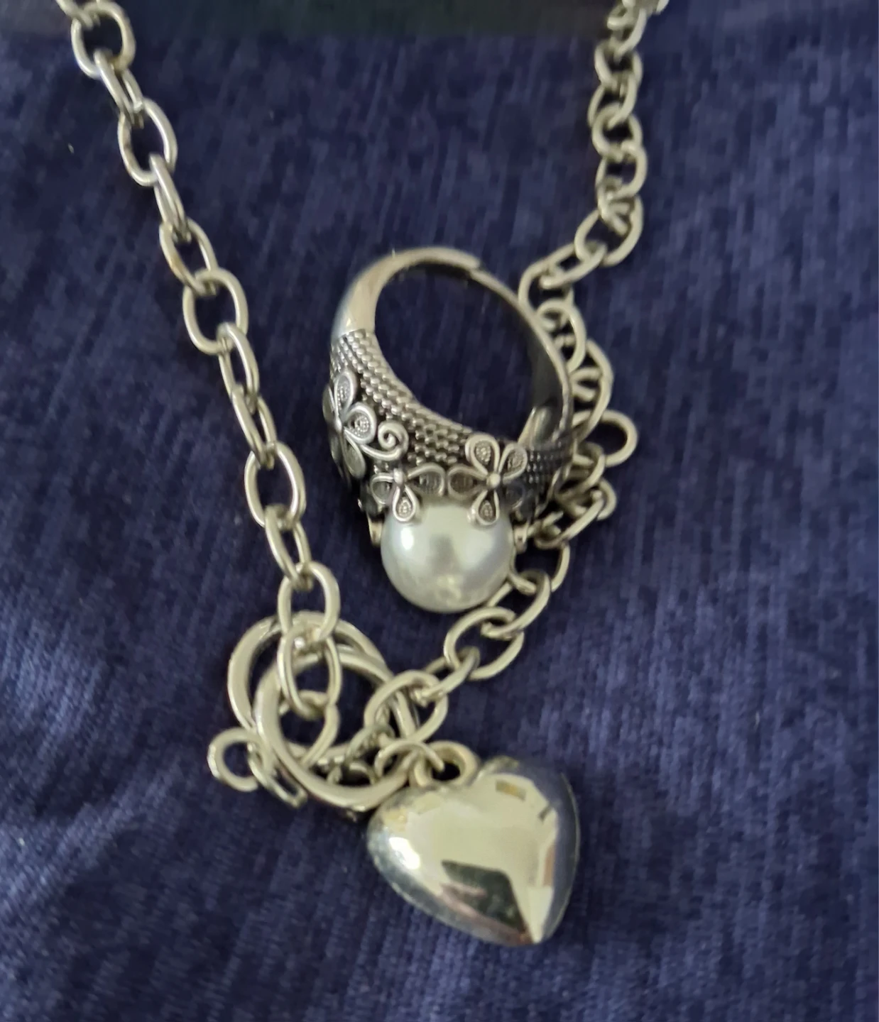Vintage Style Pearl Ring and Heart Charm Necklace Set