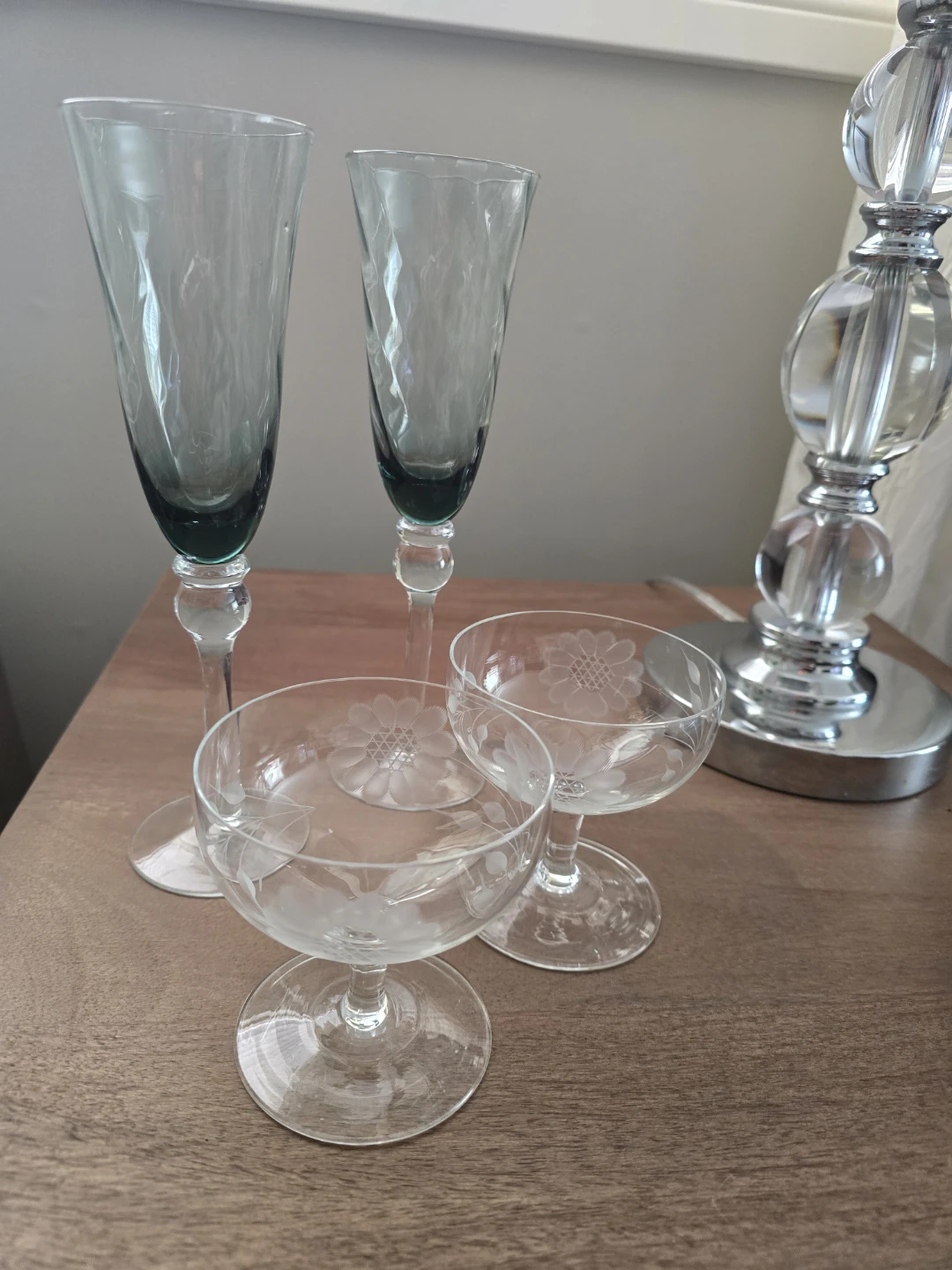 Set of 3 Vintage Champagne Flutes and Coupe Glasses