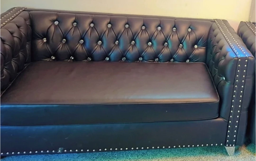Black Tufted Faux Leather Sofa