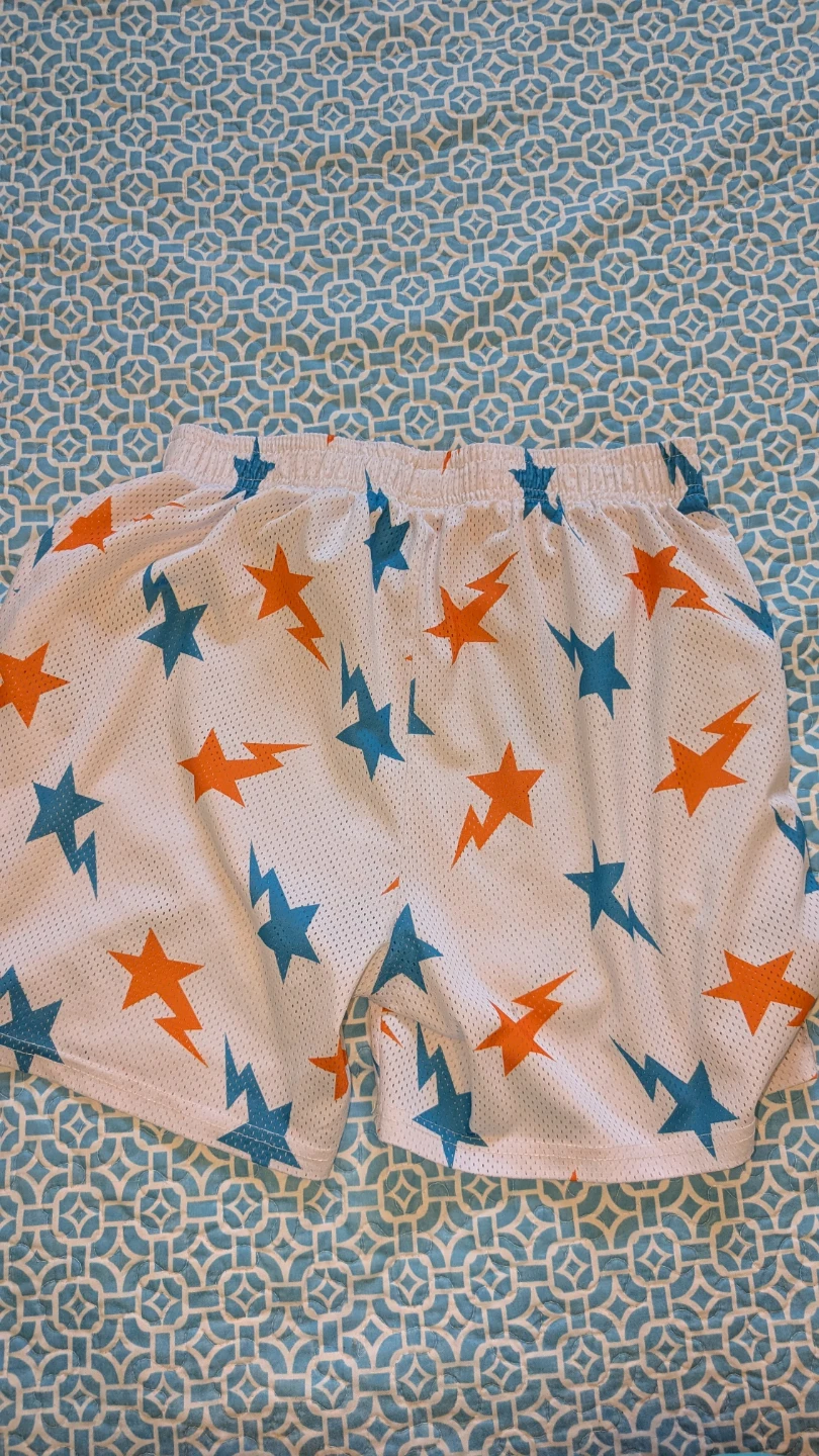 White Mesh Basketball Shorts with Stars and Lightning Bolts - photo 2