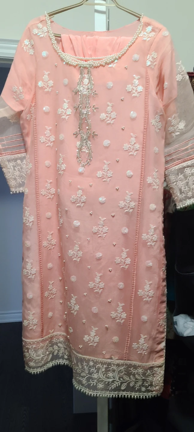 Peach embroidered kurti with pearl and sequin details