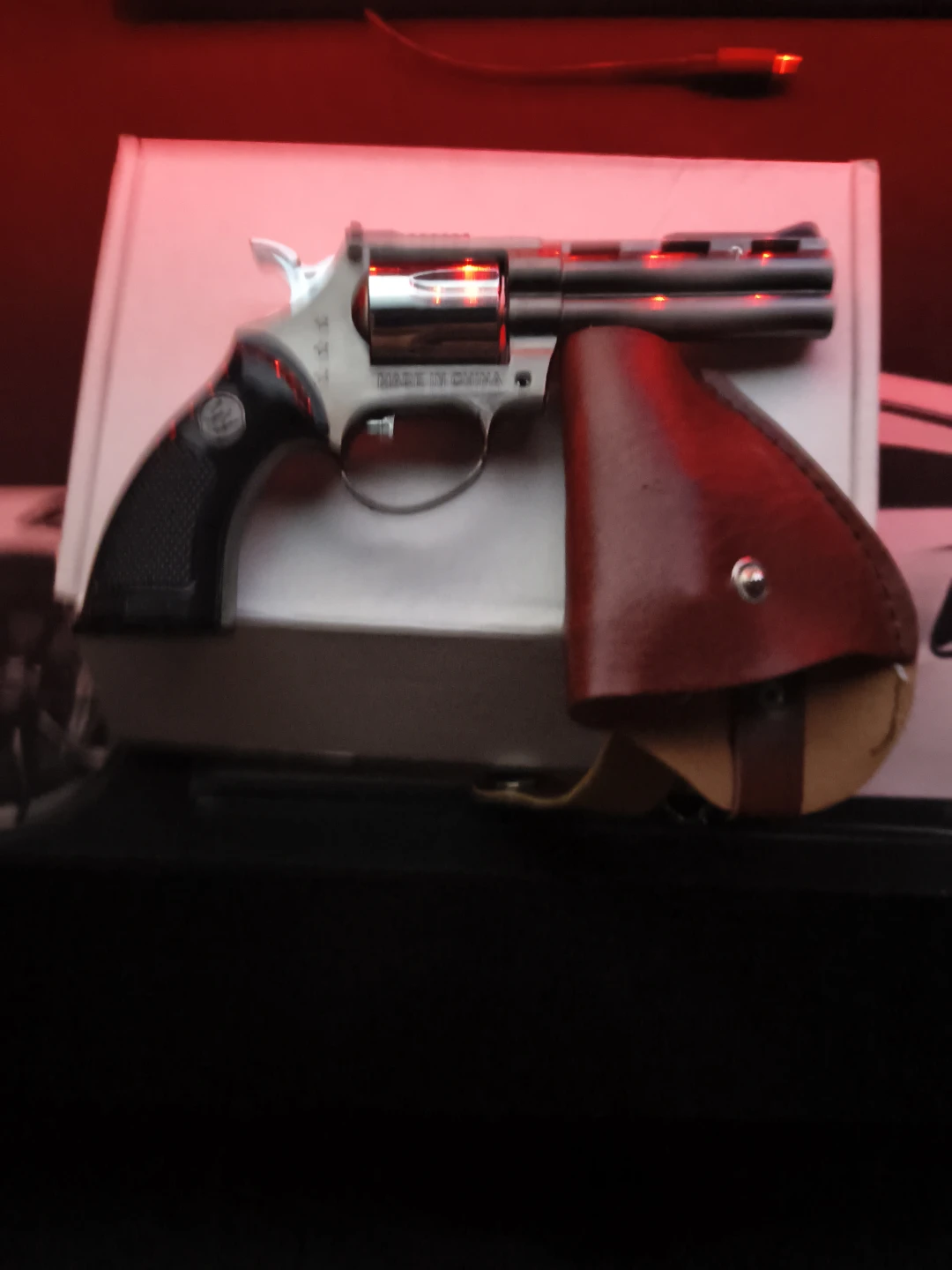 Silver Revolver Model with Brown Leather Holster Lighter
