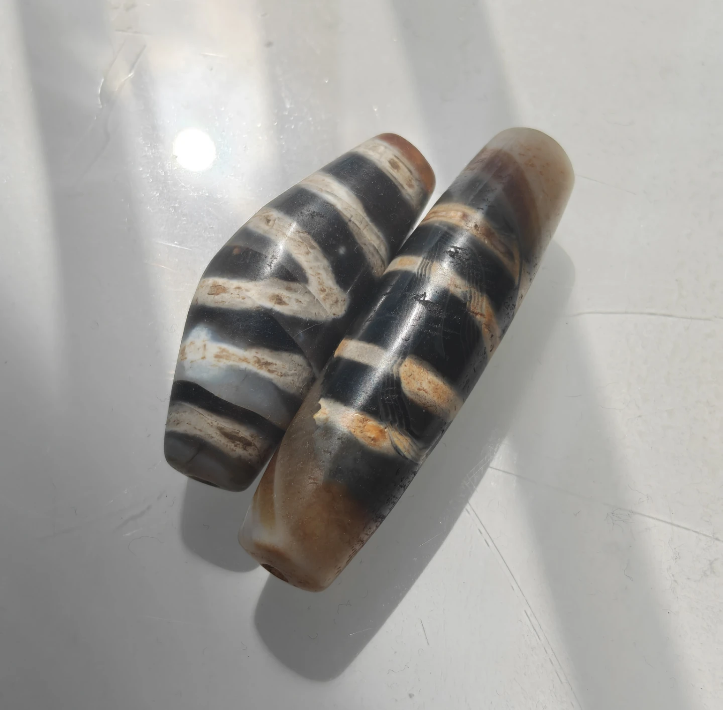 Pair of Tibetan Agate Dzi Beads