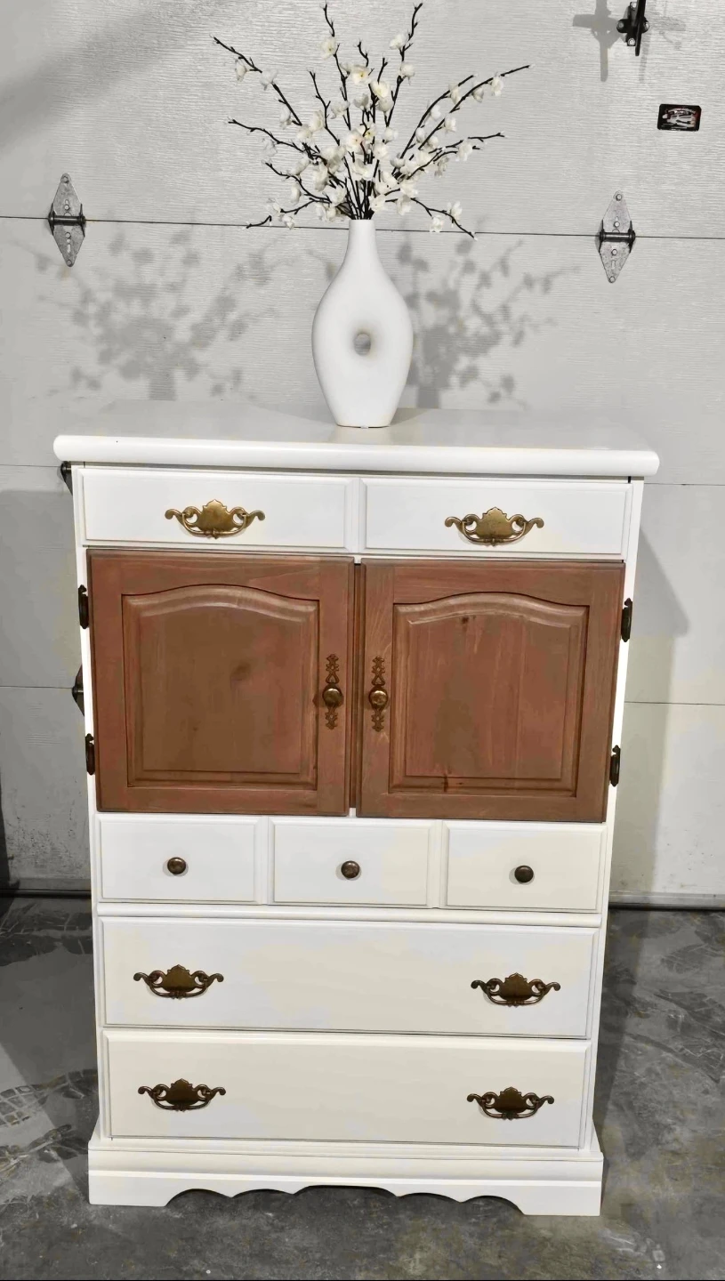 Refinished White and Wood Dresser with Cabinet Doors - photo 2