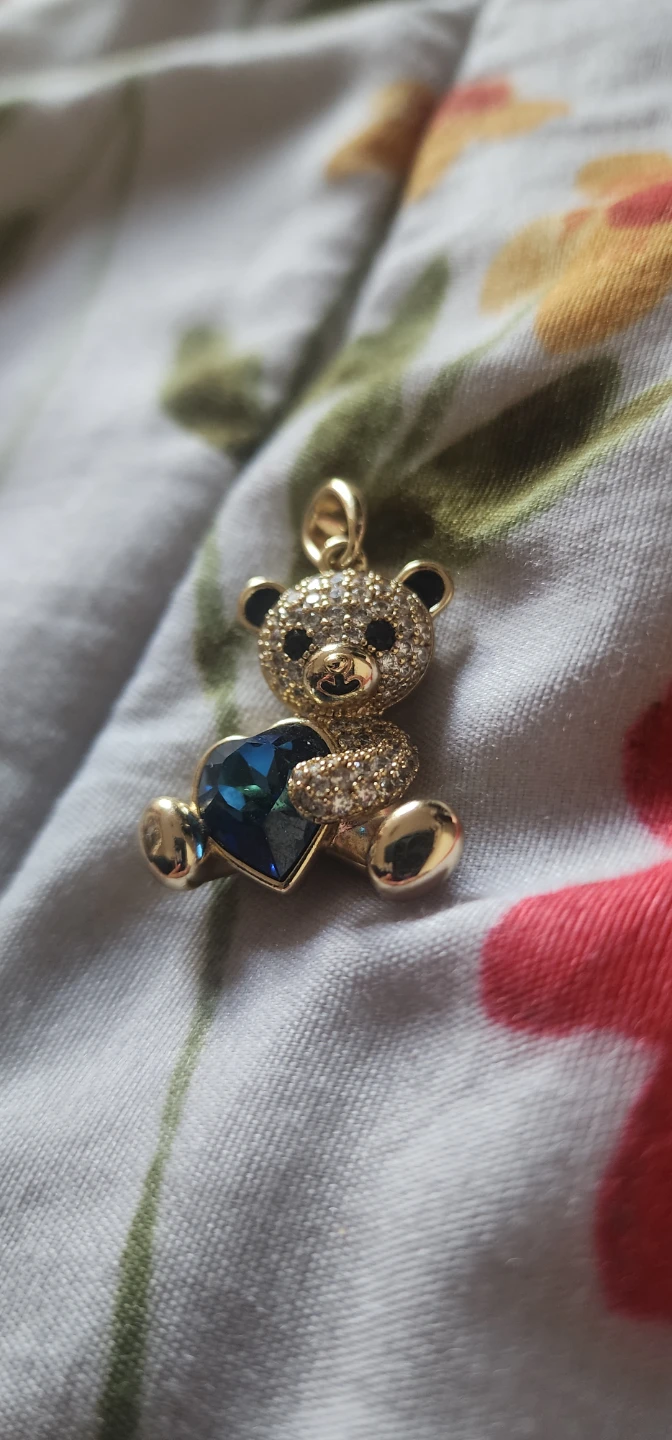 Gold plated Teddy Bear Pendant with Blue Heart Crystal