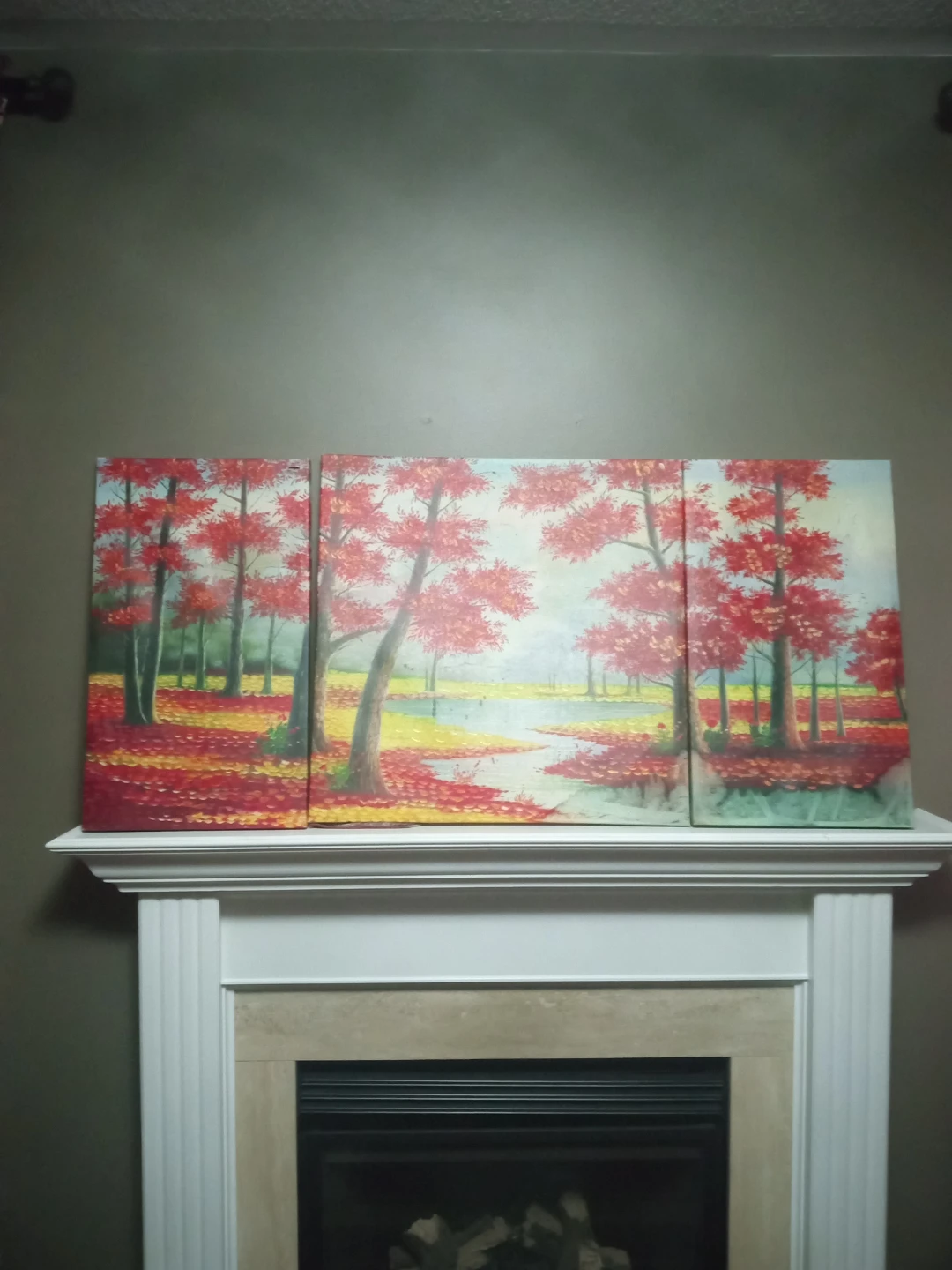 Triptych Canvas Wall Art - Red Maple Trees & Lake Scene