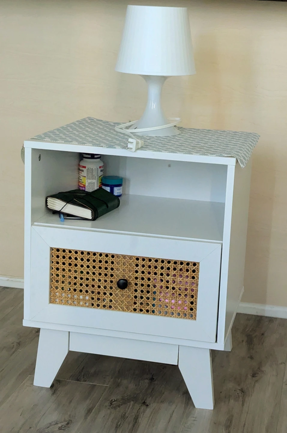 White Nightstand with Cane Drawer Front